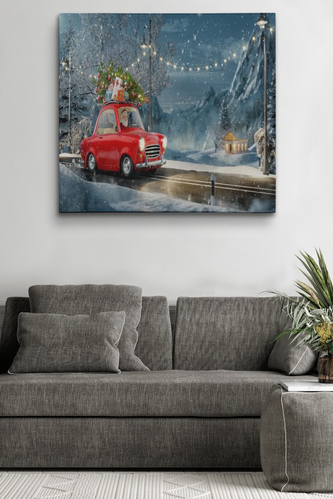 Noel Baba Ve Küçük Kırmızı Retro Arabası Kanvas Duvar Tablosu Karışık 90 X 90