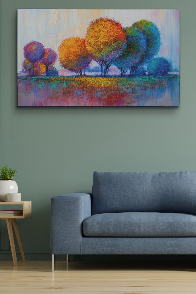 Renkli Ağaçlar Yağlıboya Görünüm Dekoratif Kanvas Duvar Tablosu Karışık 150 X 85