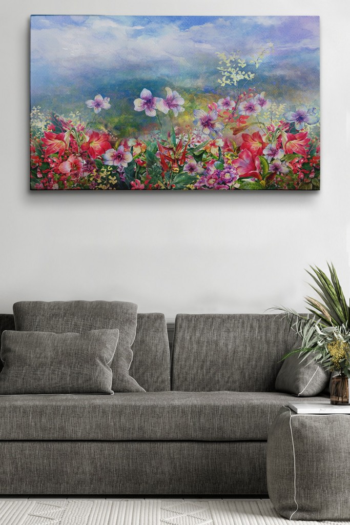 Renkli Çiçekler Suluboya Görünüm Dekoratif Kanvas Duvar Tablosu Karışık 125 X 70