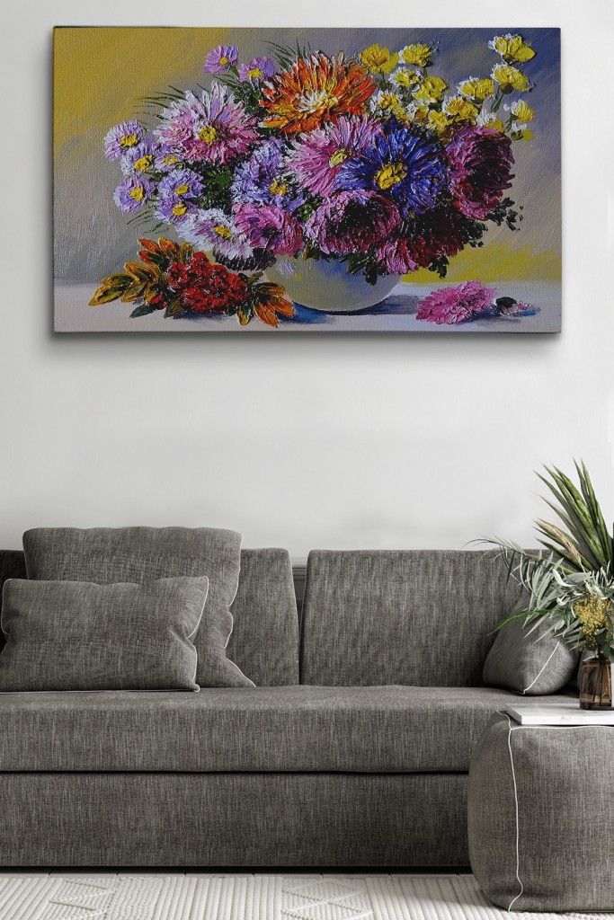 Renkli Çiçekler  Yağlıboya Görünüm Dekoratif Kanvas Duvar Tablosu Karışık 125 X 70