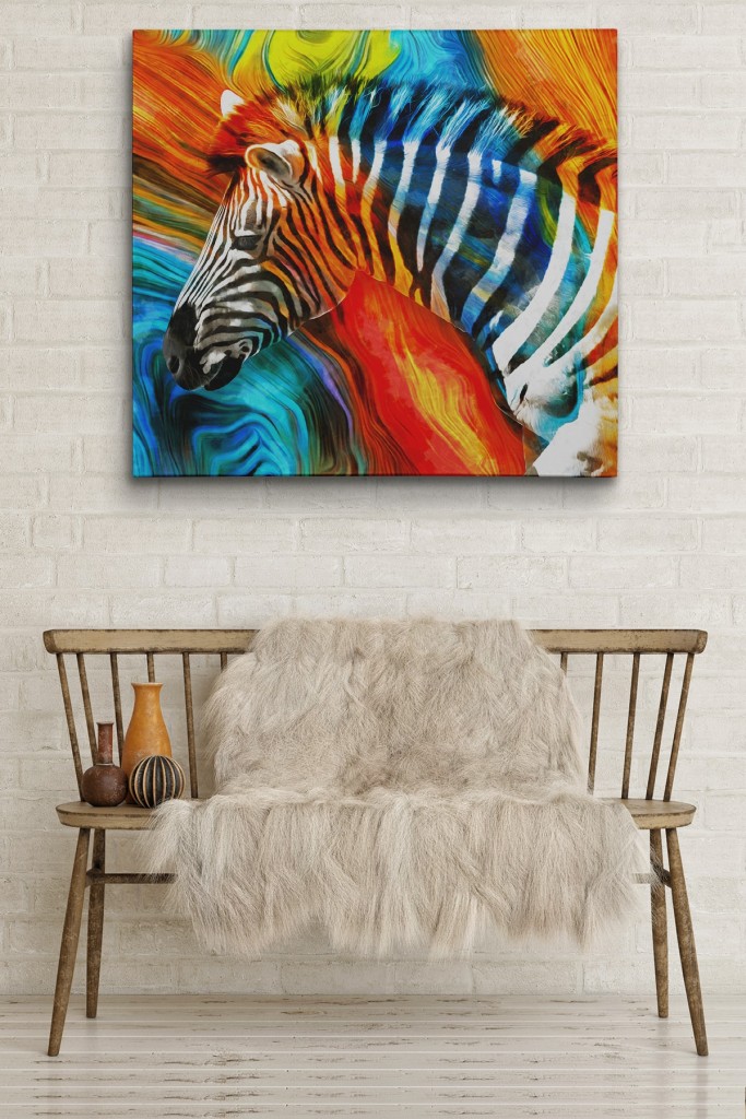 Renkli Zebra Yağlıboya Görünüm Dekoratif Kanvas Duvar Tablosu Karışık 50 X 50