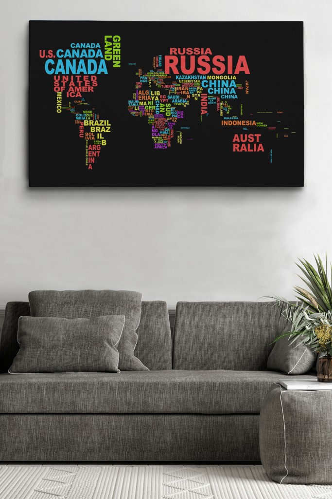 Siyah Zeminli Ülke İsimli Dünya Haritası Kanvas Tablo 1015 Karışık 125 X 70