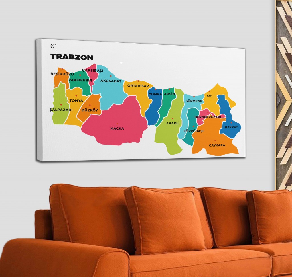 Trabzon İli Ve İlçeler Haritası  Dekoratif Kanvas Tablo 1469 Karışık 125 X 70