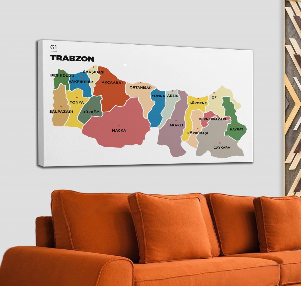 Trabzon İli Ve İlçeler Haritası  Dekoratif Kanvas Tablo 1470 Karışık 125 X 70