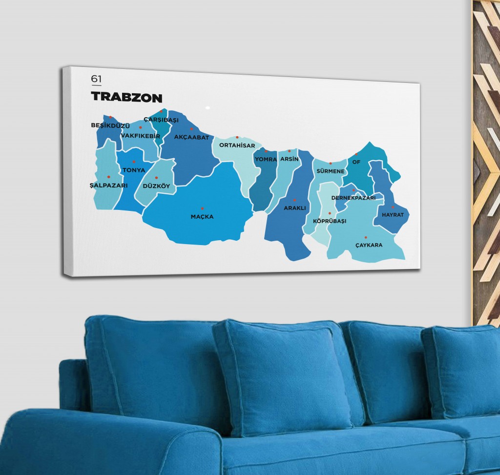 Trabzon İli Ve İlçeler Haritası  Dekoratif Kanvas Tablo 1471 Karışık 125 X 70