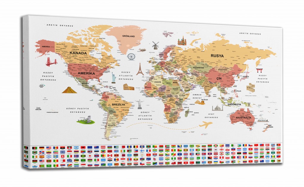 Türkçe Dünya Haritası Ayrıntılı Eğitici-Öğretici Sembollü Bayraklı Dekoratif Kanvas Tablo 2860 Karışık 150 X 85