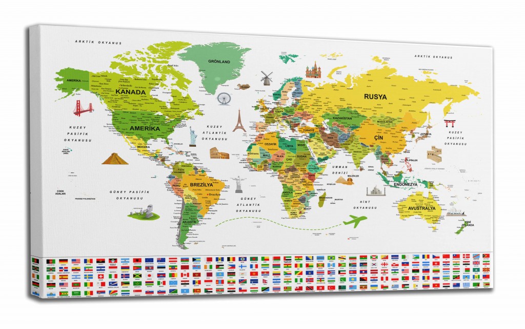 Türkçe Dünya Haritası Ayrıntılı Eğitici-Öğretici Sembollü Bayraklı Dekoratif Kanvas Tablo 2876 Karışık 125 X 70