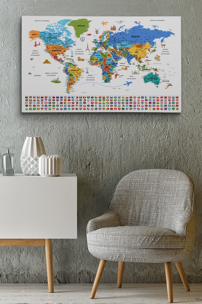 Türkçe Dünya Haritası Ayrıntılı Eğitici-Öğretici Sembollü Bayraklı Dekoratif Kanvas Tablo 2886 Karışık 150 X 85