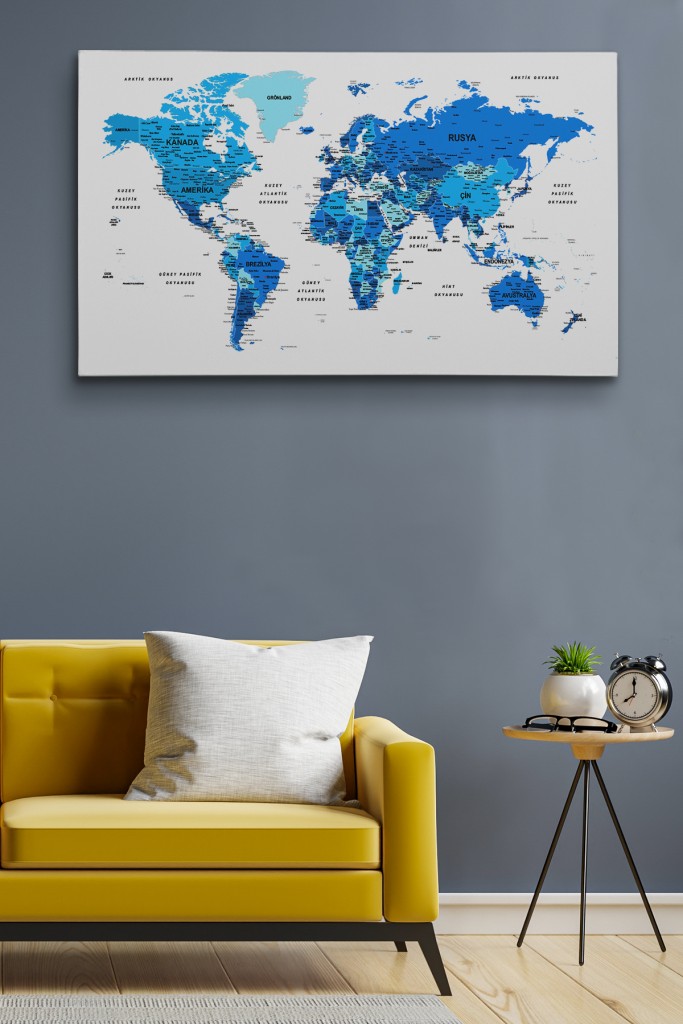 Türkçe Dünya Haritası Dekoratif Kanvas Tablo Son Derece Detaylı 1608 Karışık 150 X 85