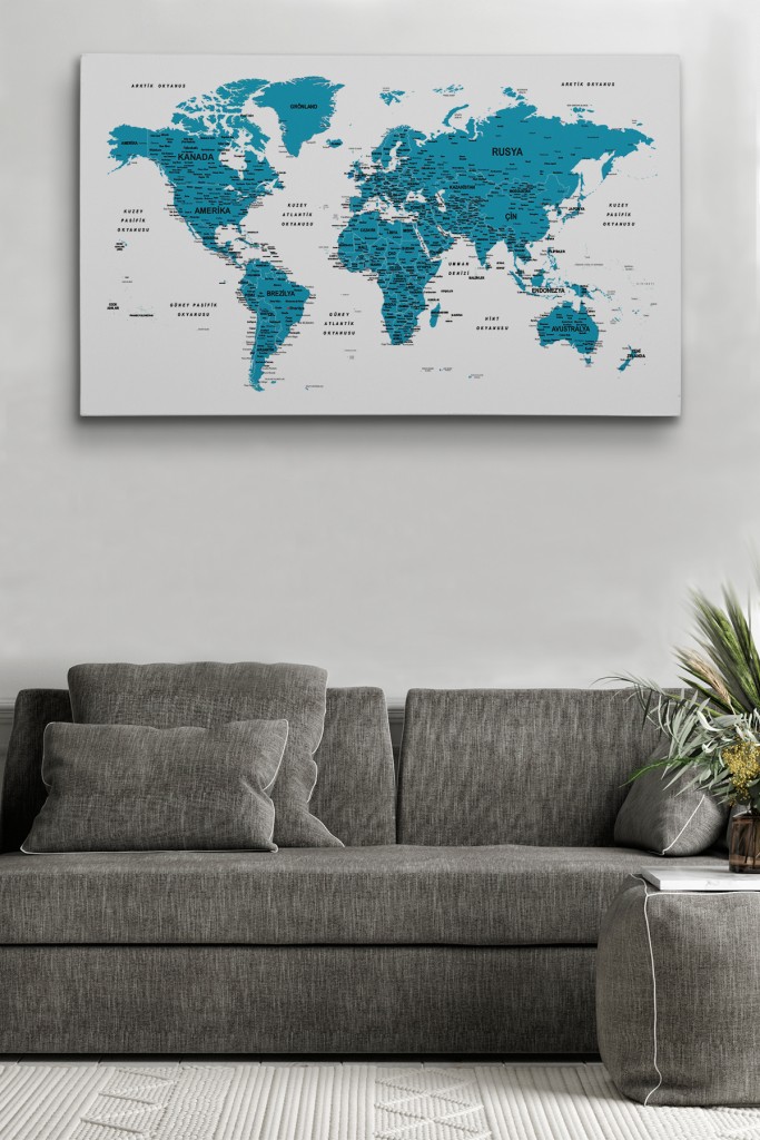 Türkçe Dünya Haritası Dekoratif Kanvas Tablo Son Derece Detaylı 1609 Karışık 125 X 70