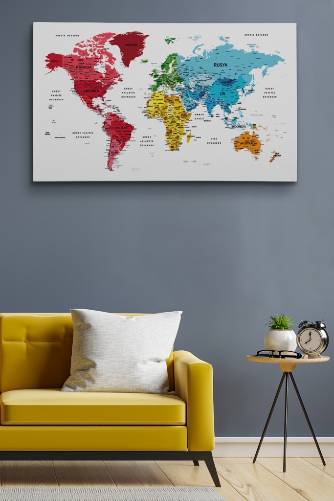Türkçe Dünya Haritası Dekoratif Kanvas Tablo Son Derece Detaylı 1633 Karışık 150 X 85