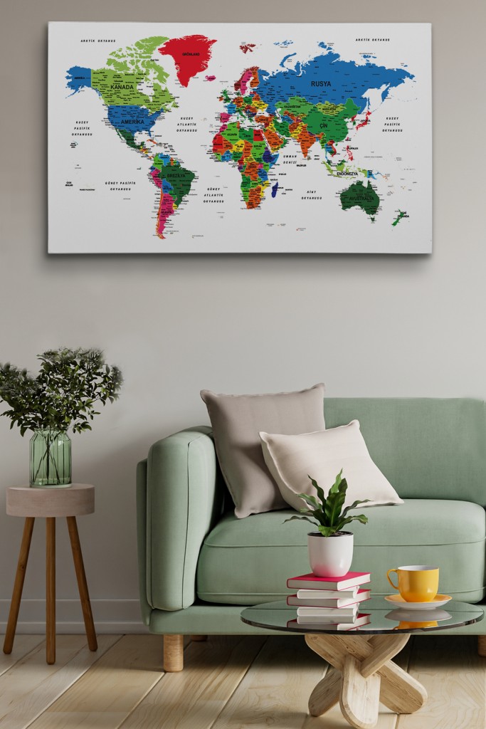 Türkçe Dünya Haritası Dekoratif Kanvas Tablo Son Derece Detaylı 1635 Karışık 125 X 70