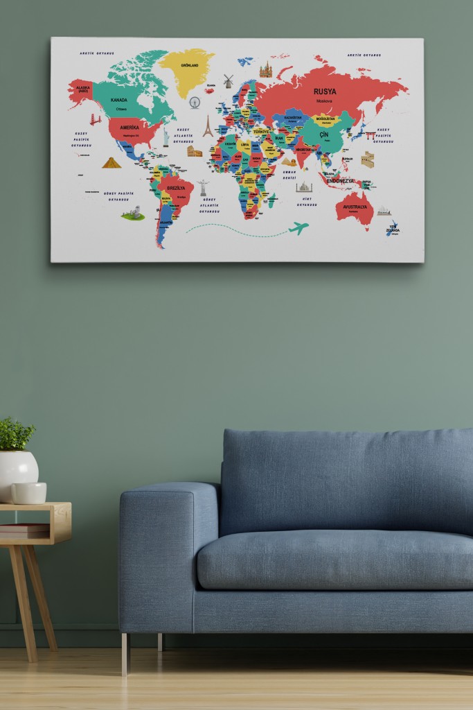  Türkçe Dünya Haritası Dekoratif Kanvas Tablo Ülke-Başkentli Öğretici Ve Sembollü 2314 Karışık 150 X 85