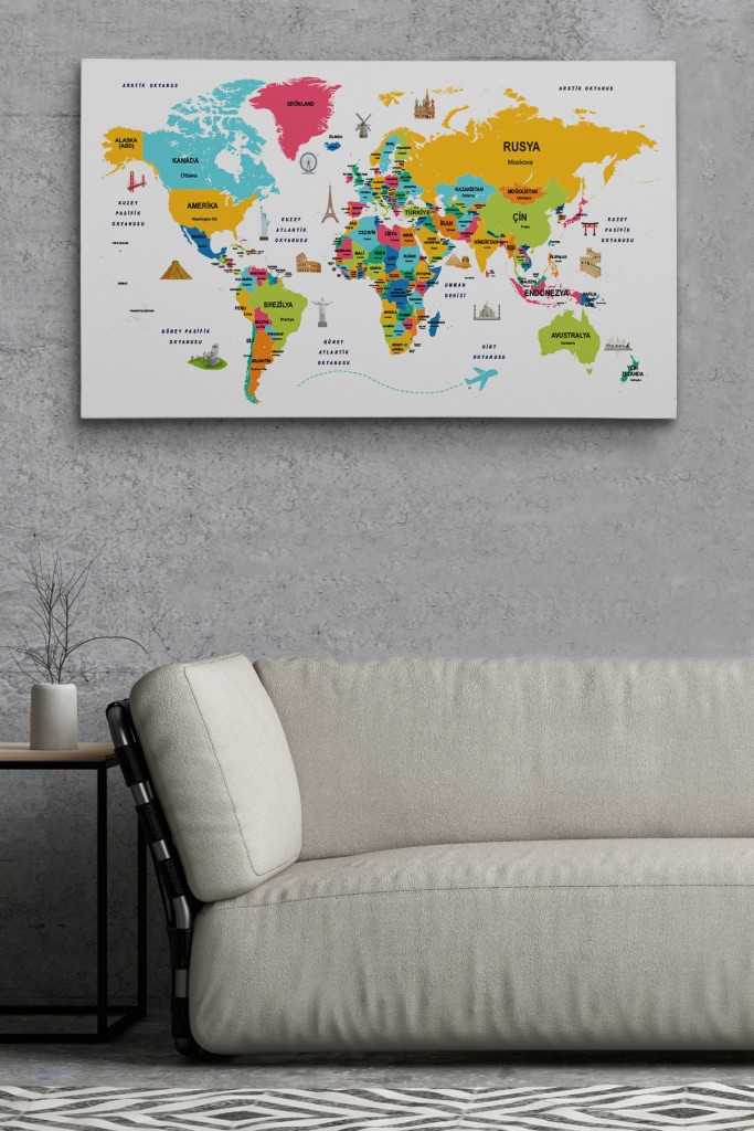 Türkçe Dünya Haritası Dekoratif Kanvas Tablo Ülke-Başkentli Öğretici Ve Sembollü 2316 Karışık 150 X 85
