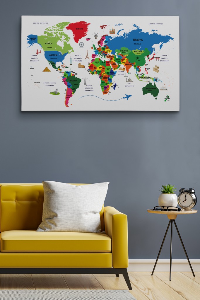  Türkçe Dünya Haritası Dekoratif Kanvas Tablo Ülke-Başkentli Öğretici Ve Sembollü 2330 Karışık 95 X 55