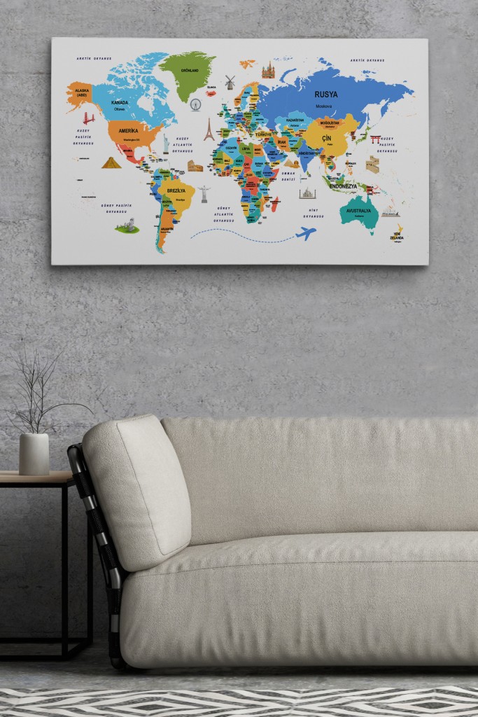  Türkçe Dünya Haritası Dekoratif Kanvas Tablo Ülke-Başkentli Öğretici Ve Sembollü 2334 Karışık 125 X 70