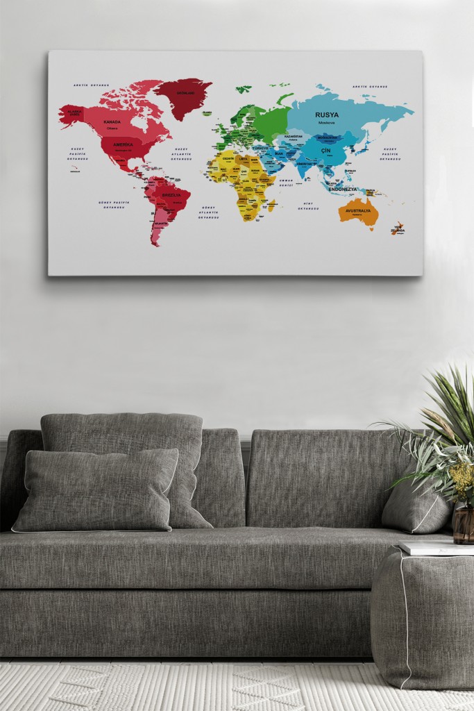 Türkçe Dünya Haritası Dekoratif Kanvas Tablo Ülke Ve Başkentli 1552 Karışık 125 X 70