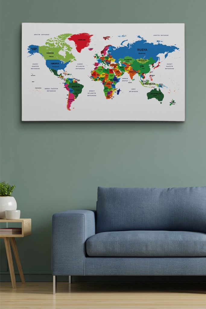 Türkçe Dünya Haritası Dekoratif Kanvas Tablo Ülke Ve Başkentli 1556 Karışık 125 X 70