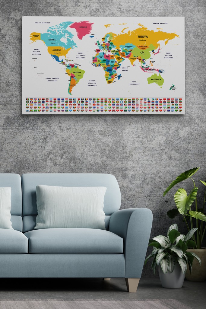 Türkçe Dünya Haritası Kanvas Tablo Ülke Bayraklı Ve Dekoratif 2394 Karışık 125 X 70