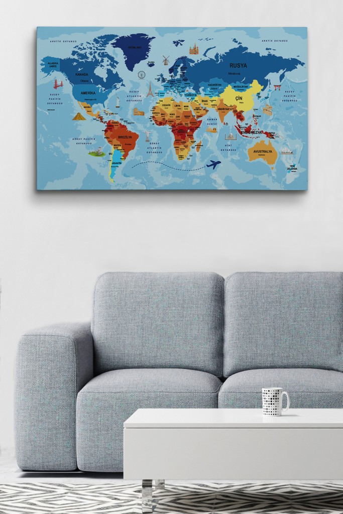 Türkçe Dünya Haritası Sembollü Ve Okyanuslu Dekoratif Kanvas Tablo 2422 Karışık 95 X 55