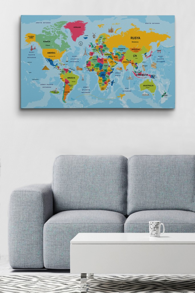 Türkçe Dünya Haritası Sembollü Ve Okyanuslu Dekoratif Kanvas Tablo 2470 Karışık 125 X 70