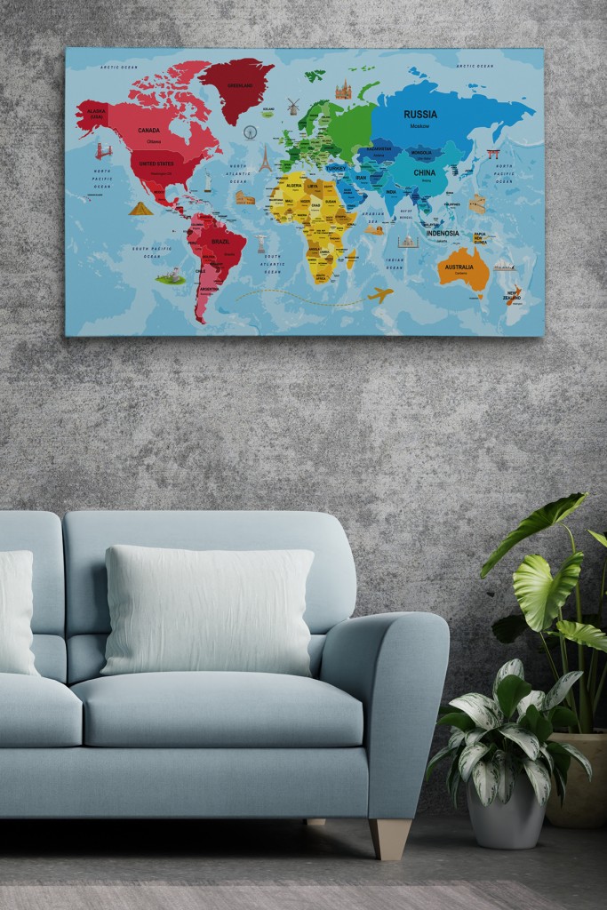 Türkçe Dünya Haritası Sembollü Ve Okyanuslu Dekoratif Kanvas Tablo 2480 Karışık 95 X 55