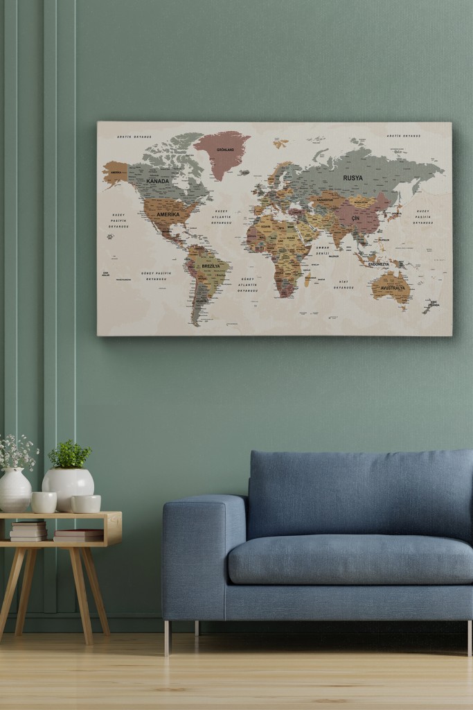 Türkçe Dünya Haritası Son Derece Ayrıntılı Eğitici-Öğretici Okyanuslu Dekoratif Kanvas Tablo 2550 Karışık 150 X 85