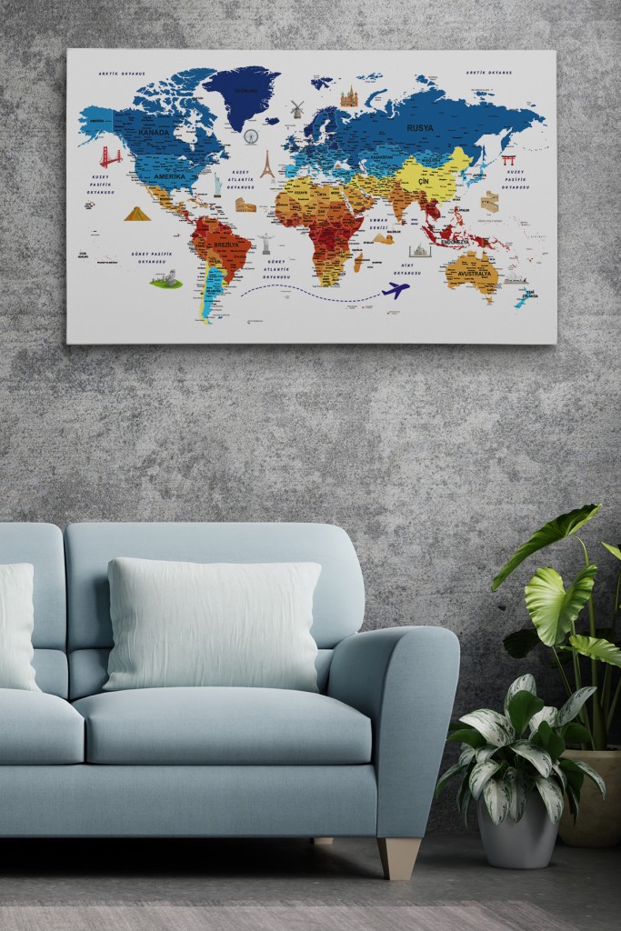 Türkçe Dünya Haritası Son Derece Ayrıntılı Eğitici-Öğretici Ve Sembollü Dekoratif Kanvas Tablo 3166 Karışık 125 X 70