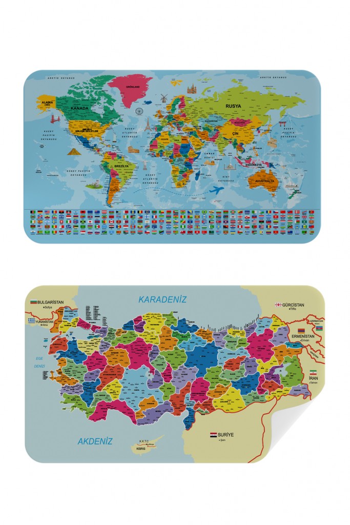 Türkçe Dünya Ve Türkiye Haritası Eğitici Öğretici Ülke Bayraklı Çocuk Odası Genç Odası Duvar Sticker Mavi 