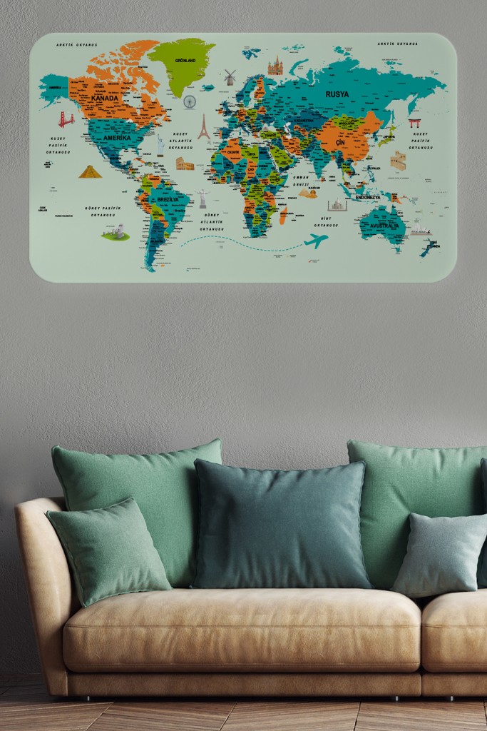 Türkçe Eğitici Ülke Ve Başkent Detaylı Atlası Dünya Haritası Duvar Sticker  Karışık 