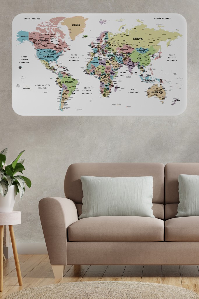 Türkçe Eğitici Ülke Ve Başkent Detaylı Atlası Dünya Haritası Duvar Sticker Karışık Tek Ebat