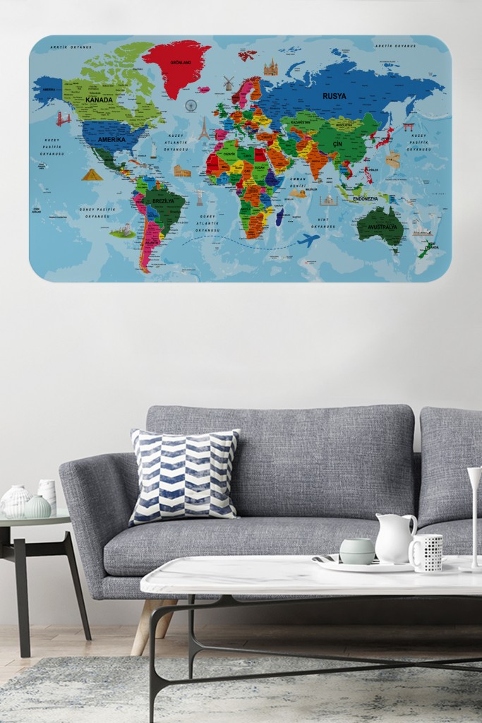 Türkçe Eğitici Ülke Ve Başkent Okyanus Detaylı Atlası  Dekoratif Dünya Haritası Duvar Sticker  Karışık 