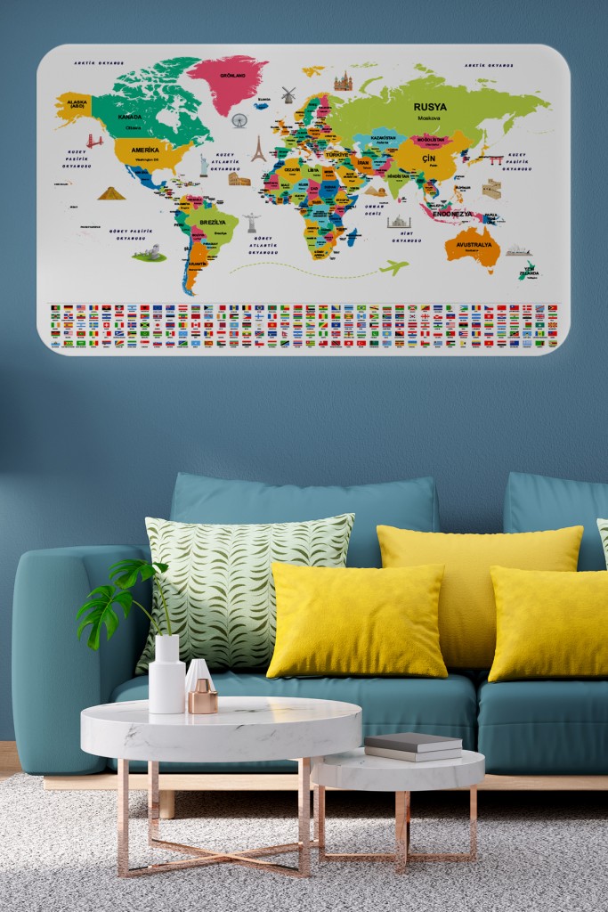 Türkçe Ülke Bayrak Lı Eğitici Başkent Detaylı Atlası Dünya Haritası Duvar Sticker  Karışık 