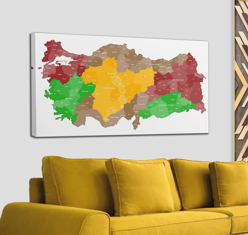 Türkiye Bölgeler Haritası Dekoratif Kanvas Tablo 1221 Karışık 95 X 55
