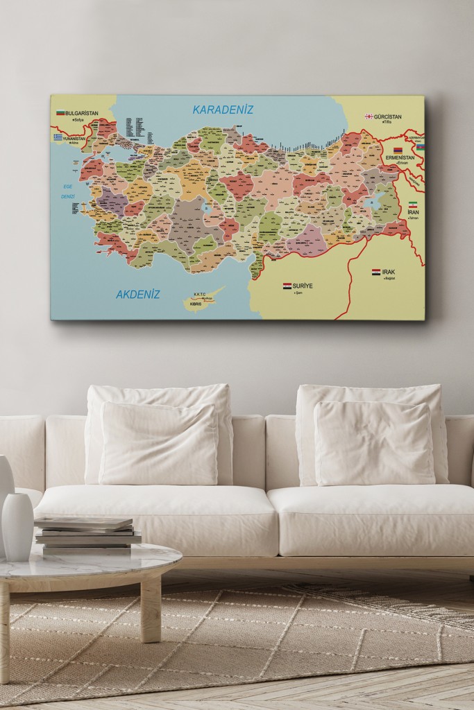 Türkiye Haritası Kanvas Tablo İl Ve İlçeli Ayrıntılı Eğitici-Öğretici Komşulu Dekoratif Tablo 3017 Karışık 95 X 55