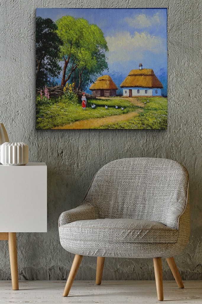 Ukrayna Köy Evi Manzarası Yağlıboya Görünüm Dekoratif Kanvas Duvar Tablosu Karışık 50 X 50