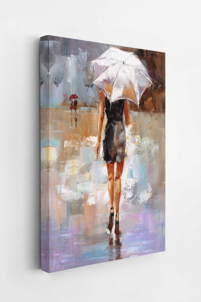 Yağmurda Yürüyen Kadın Yağlıboya Görünüm Dekoratif Kanvas Duvar Tablosu Karışık 150 X 85