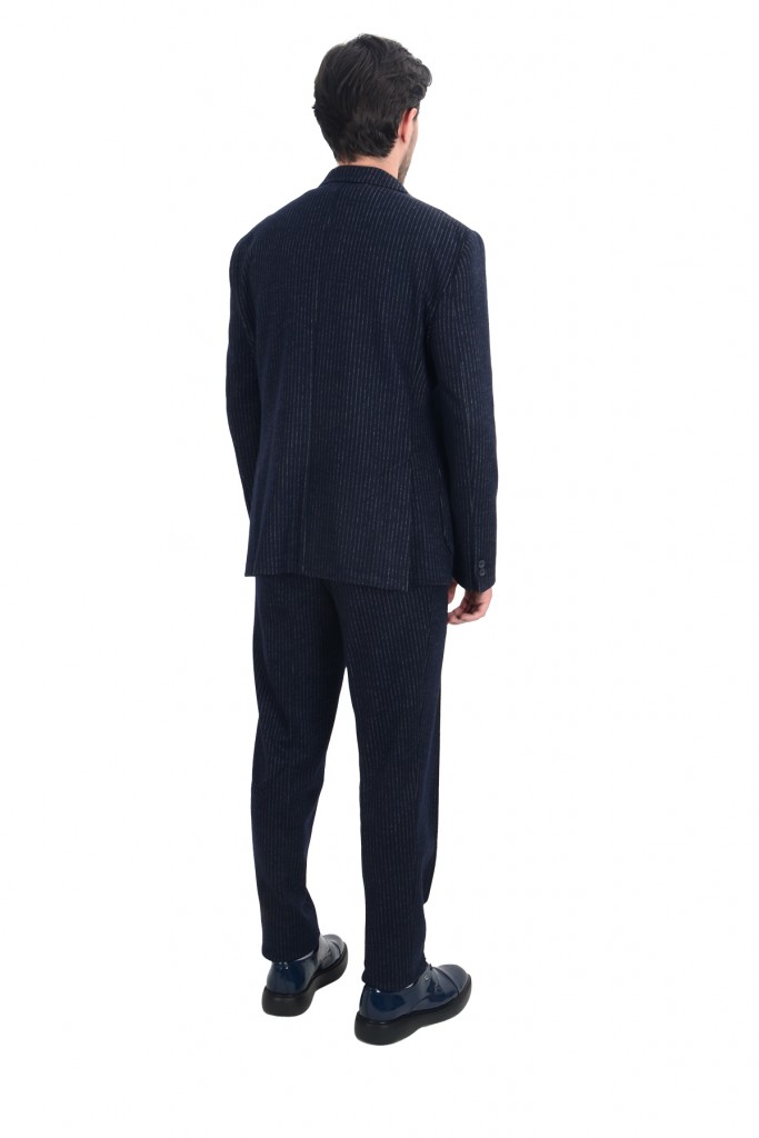 Cengiz İnler Dik Çizgi Çift Düğme Yelekli Slim Fit Erkek Takım Elbise
