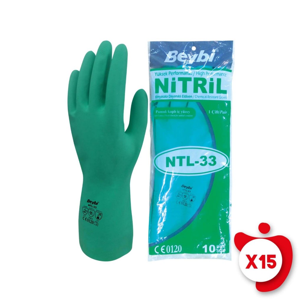 Beybi Ntl-33 Yeşil Kimyasal Koruyucu Nitril İş Eldiveni 10 Beden 15 Paket
