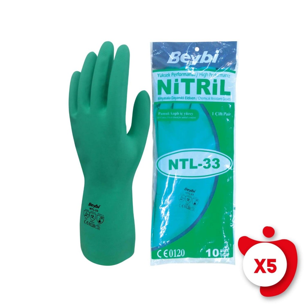 Beybi Ntl-33 Yeşil Kimyasal Koruyucu Nitril İş Eldiveni 10 Beden 5 Paket