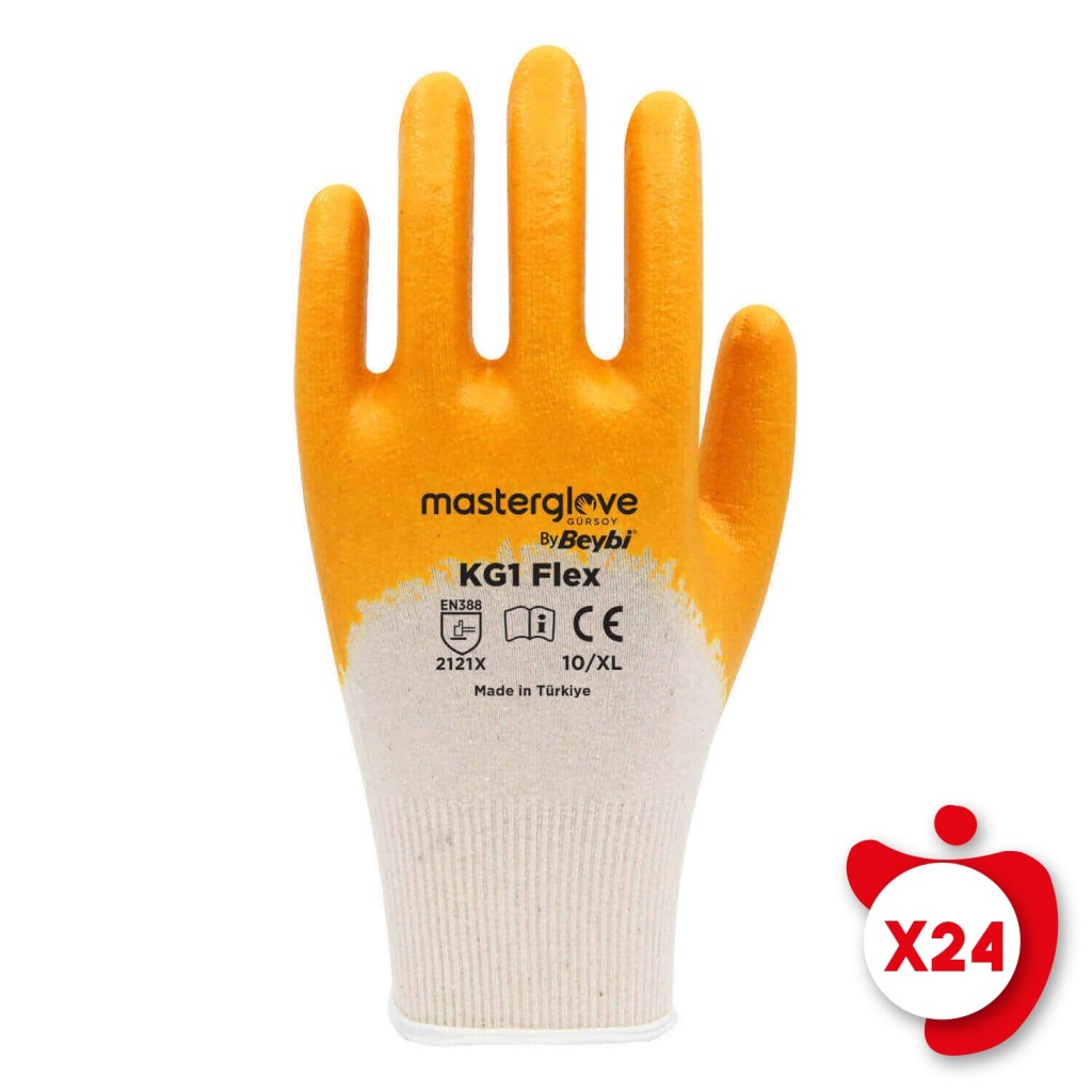 Master Glove Kg1 Flex Sarı Pamuk Nitril İş Eldiveni 10 Beden 24 Çift