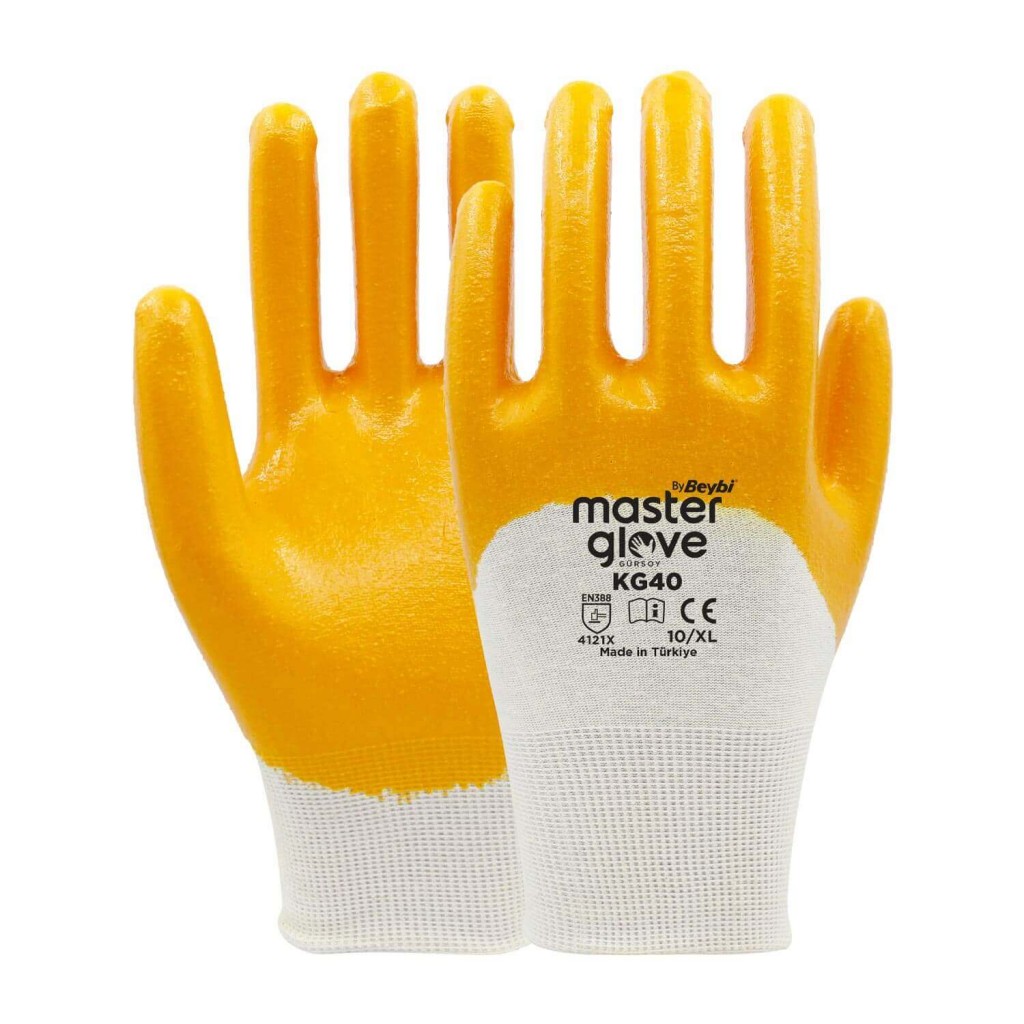 Master Glove Kg40 Sarı Nitril Kaplı Pamuk Ve Polyester Örgü İş Eldiveni 10 Beden 12 Çift