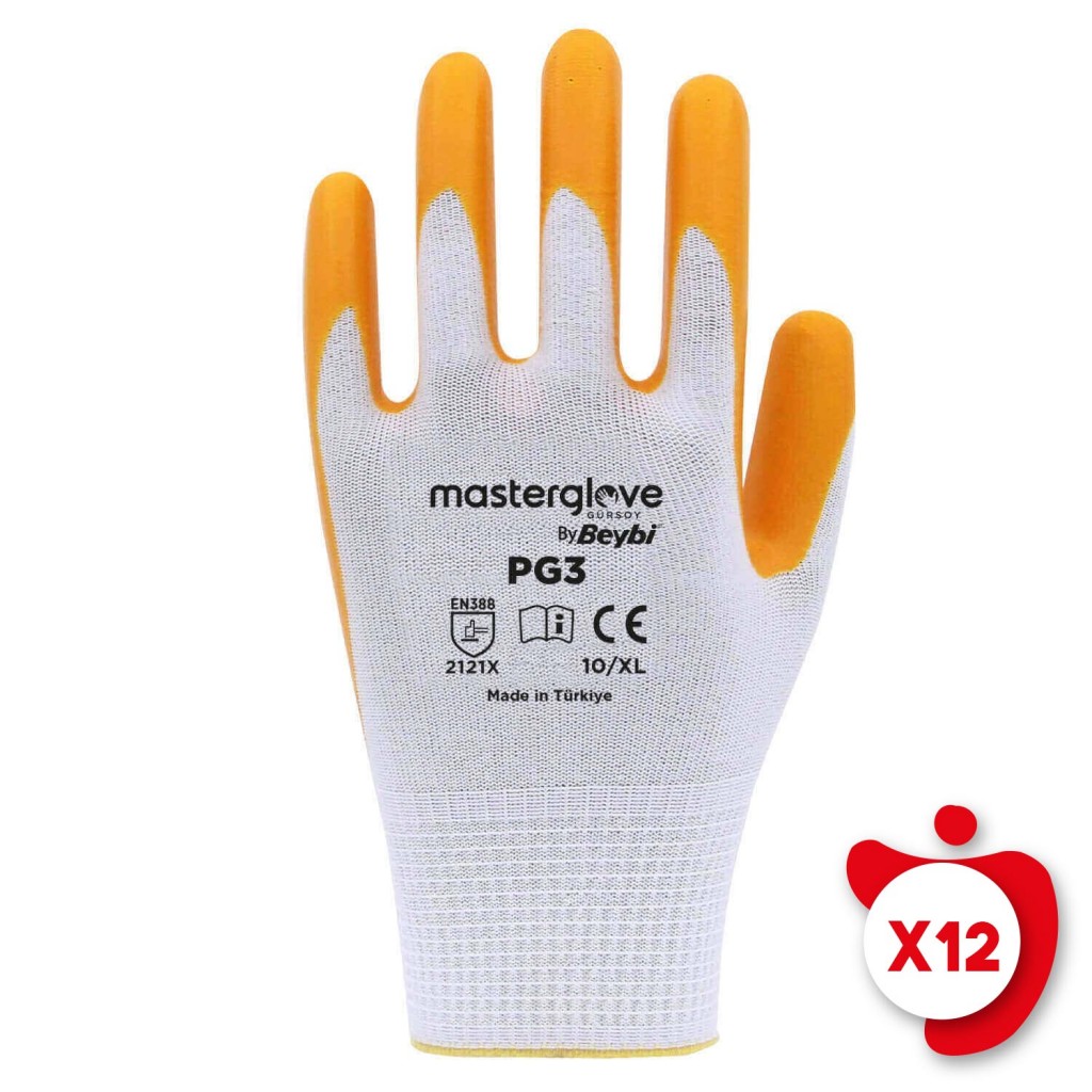 Master Glove Pg3 Sarı Polyester Örme Nitril İş Eldiveni 10 Beden 12 Çift
