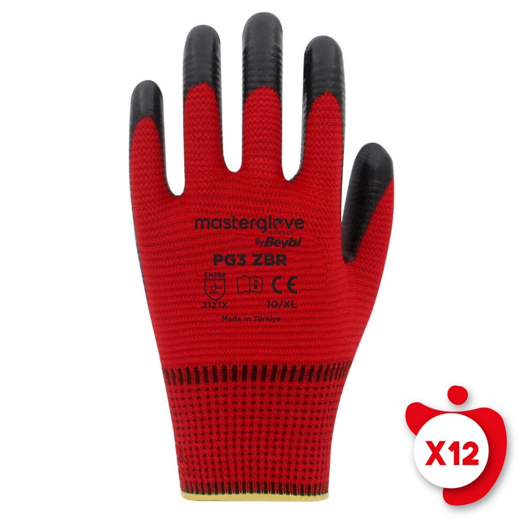 Master Glove Pg3 Zebra Kırmızı Polyester Örme Nitril İş Eldiveni 10 Beden 12 Çift
