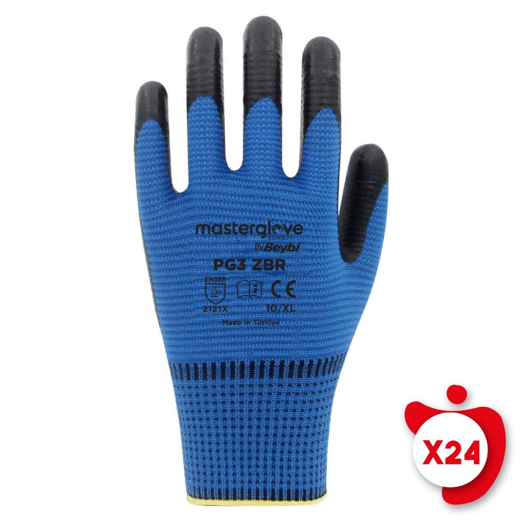 Master Glove Pg3 Zebra Mavi Polyester Örme Nitril İş Eldiveni 10 Beden 24 Çift