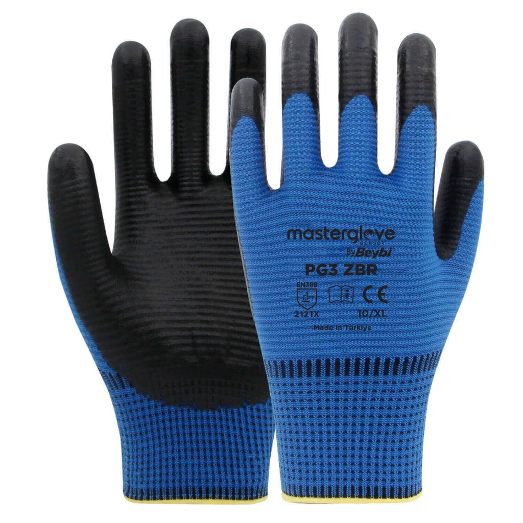 Master Glove Pg3 Zebra Mavi Polyester Örme Nitril İş Eldiveni 10 Beden