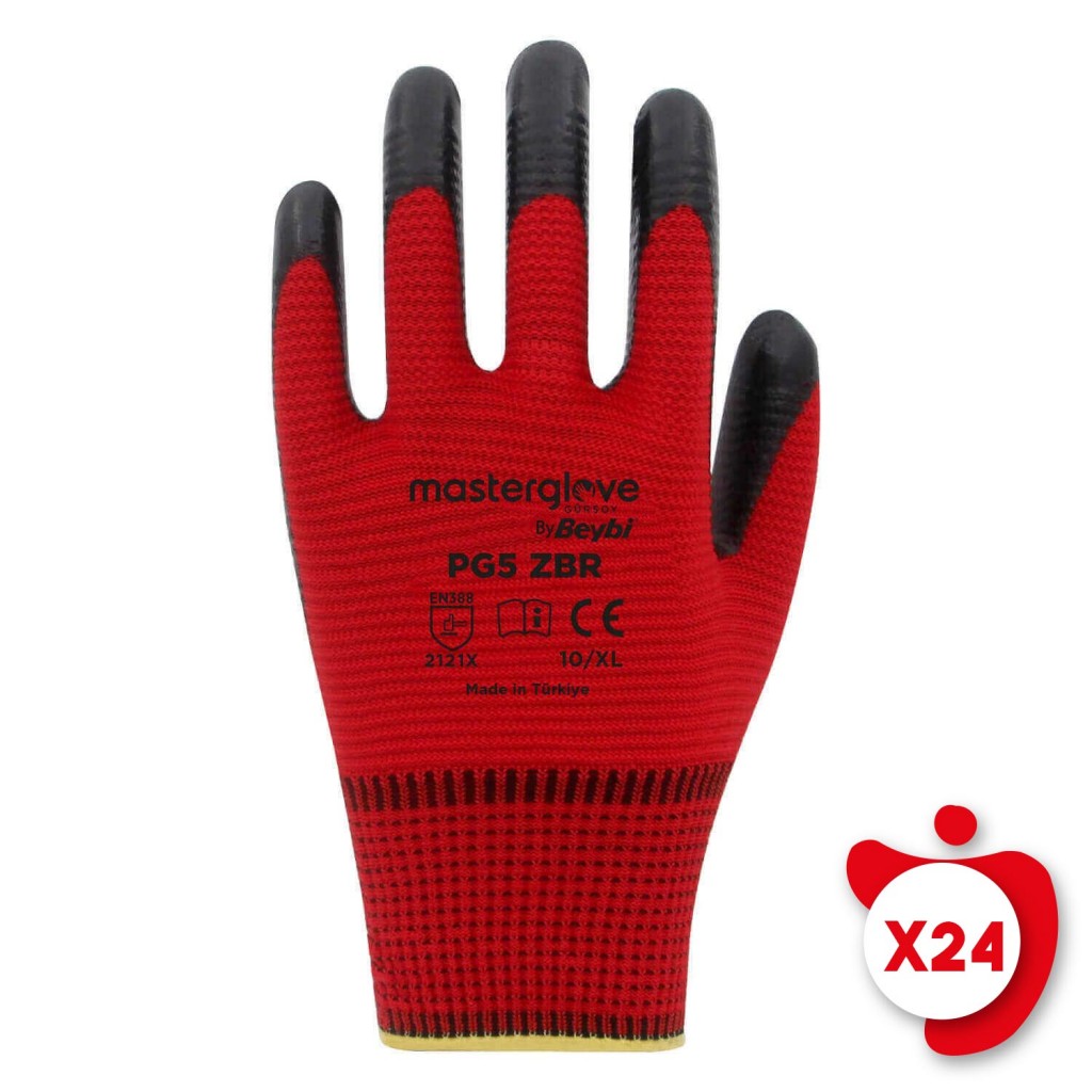 Master Glove Pg5 Zebra Kırmızı Polyester Örme Nitril İş Eldiveni 10 Beden 24 Çift