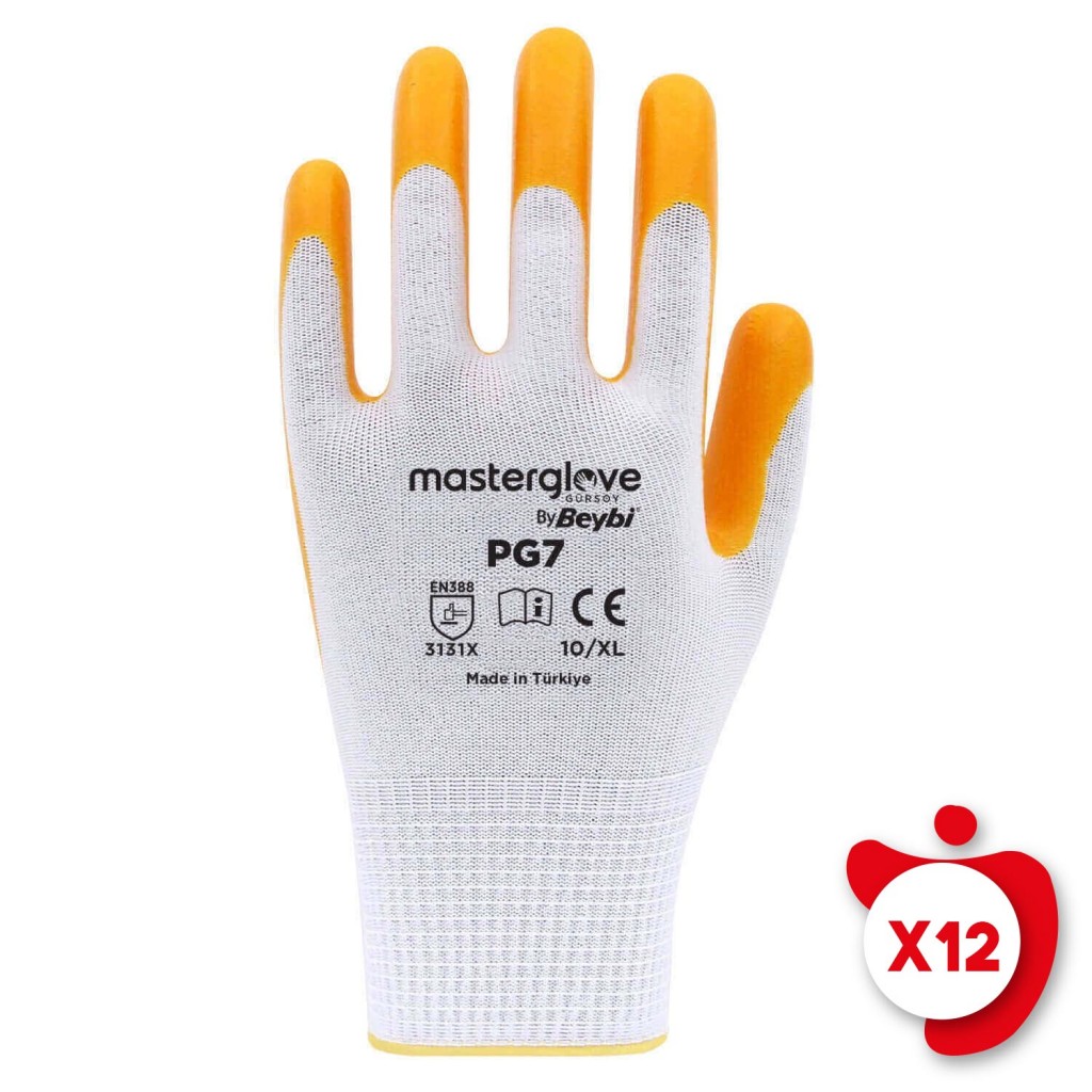Master Glove Pg7 Sarı Polyester Örme Nitril İş Eldiveni 10 Beden 12 Çift