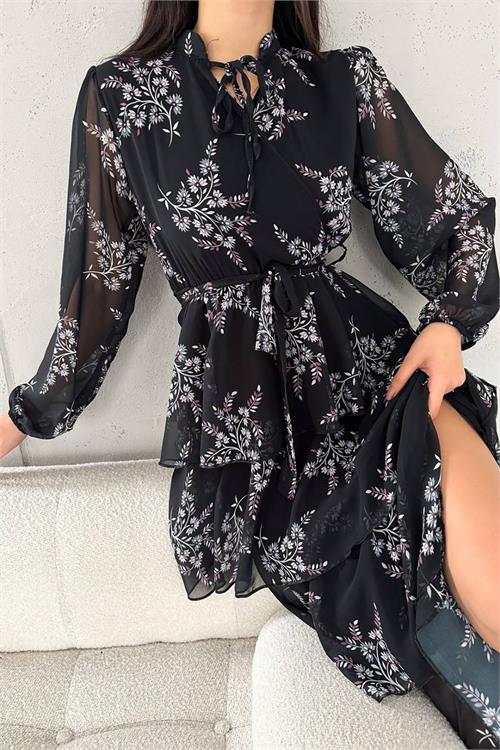 Neşeli Butik Kadın Astarlı Eteği Kat Kat Desenli Şifon Elbise Nbkklf2036 