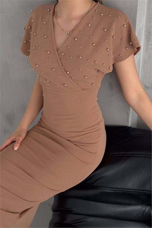 Neşeli Butik Kadın Bej Inci Detaylı Likralı Kalem Elbise Nbk2100 